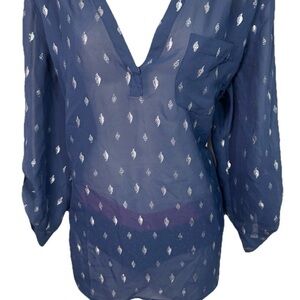 Navy blue Maurice’s Sheer Silver Feather V Neck Xl Blouse